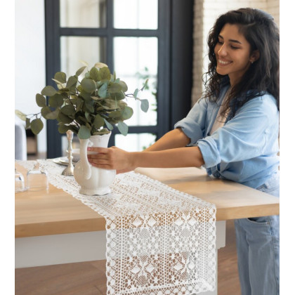 Boho ažúrový obrus 40x140 cm Mary biely